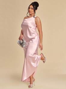 SHEIN BAE Plus Size Women's Elegant Dusty Pink Satin Maxi Dress,Summer One Shoulder Silk Look Chic Wedding Ninang Cocktail Party Outfits Curve Special Events - Pink - View 4