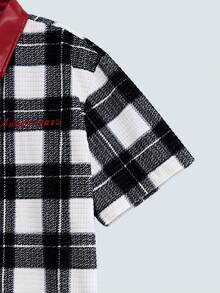 男士街头时尚美式灯芯绒格子拼接撞色刺绣休闲夏季短袖衬衫，复古美式，男女皆宜，宽松版型夏季服装——适合日常穿着和夏季度假穿着。 - 黑色 - 查看 5