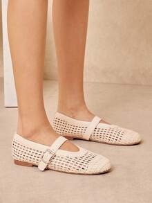 SHUZIA Ladies Elegant Woven PU Mary Jane Flats - Beige - View 2