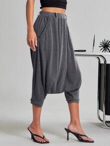 SHEIN Haute Women's Sexy Casual Drop Crotch Harem Knit Pants - Grey - View 4