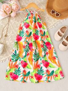 SHEIN Đầm chiffon cổ yếm họa tiết hoa nhí nhiệt đới cho bé gái tuổi teen, thích hợp mặc đi nghỉ mát mùa hè. - Nhiều màu - Xem 2