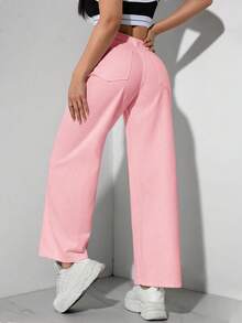 SHEIN PETITE 女款極簡日常粉色牛仔直筒長褲，小碼女款 - 粉色 - 查看 2