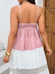 Sunnyshic Plus Size Pink Embroidered Ruffle Trim Bow Camisole - Pink - View 3