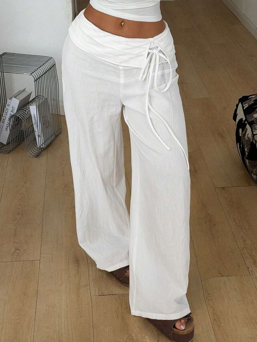 Coolane Quần dài nữ mùa hè, phong cách tối giản, thoải mái, chất liệu cotton, màu trắng, dáng rộng. - trắng - Xem 1