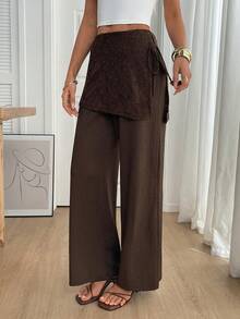 SHEIN LUNE Pantalones de pierna acampanada con parches de encaje asimétricos, de uso casual, para vacaciones, viajes diarios y moda básica para mujeres - Café integral - Ver 3