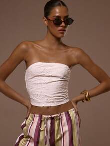 MUSERA 刺绣修身抹胸上衣，适合夏季春季穿着，性感可爱，适合度假外出，伊比沙岛优雅日落系带 - 白色 - 查看 1