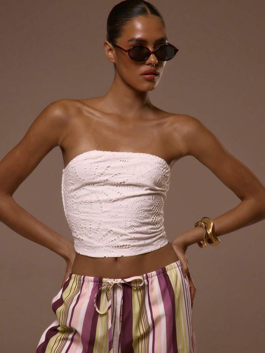 MUSERA 刺绣修身抹胸上衣，适合夏季春季穿着，性感可爱，适合度假外出，伊比沙岛优雅日落系带 - 白色 - 查看 1