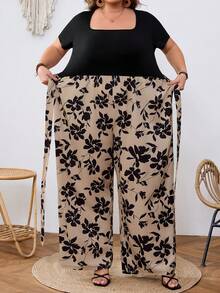 SHEIN CURVE+ Plus Size Women Holiday Floral Print Patchwork Short Sleeve Loose Jumpsuit - Multicolor - View 8