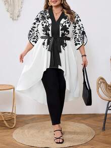 SHEIN CURVE+ 大码女式度假植物图案半袖系腰高低摆上衣 - 彩色 - 查看 7