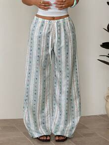 SHEIN PETITE New Romantic Striped Bubble Wrinkle Print Cute Cartoon Comfortable Versatile Pants - Green - View 7