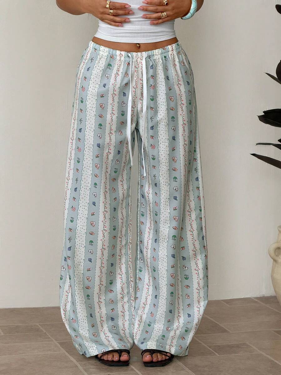 SHEIN PETITE 新款浪漫条纹泡泡褶皱印花可爱卡通舒适百搭裤 - 綠色 - 查看 1