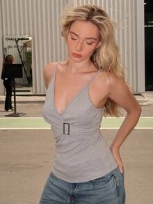 Turnttoni Women's Casual Versatile Solid Color Wrap Camisole - Grey - View 6