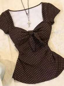 Glimmora Áo thun nữ chấm bi xoắn, kiểu dáng thường ngày, đa năng. - Cà phê nâu - Xem 3