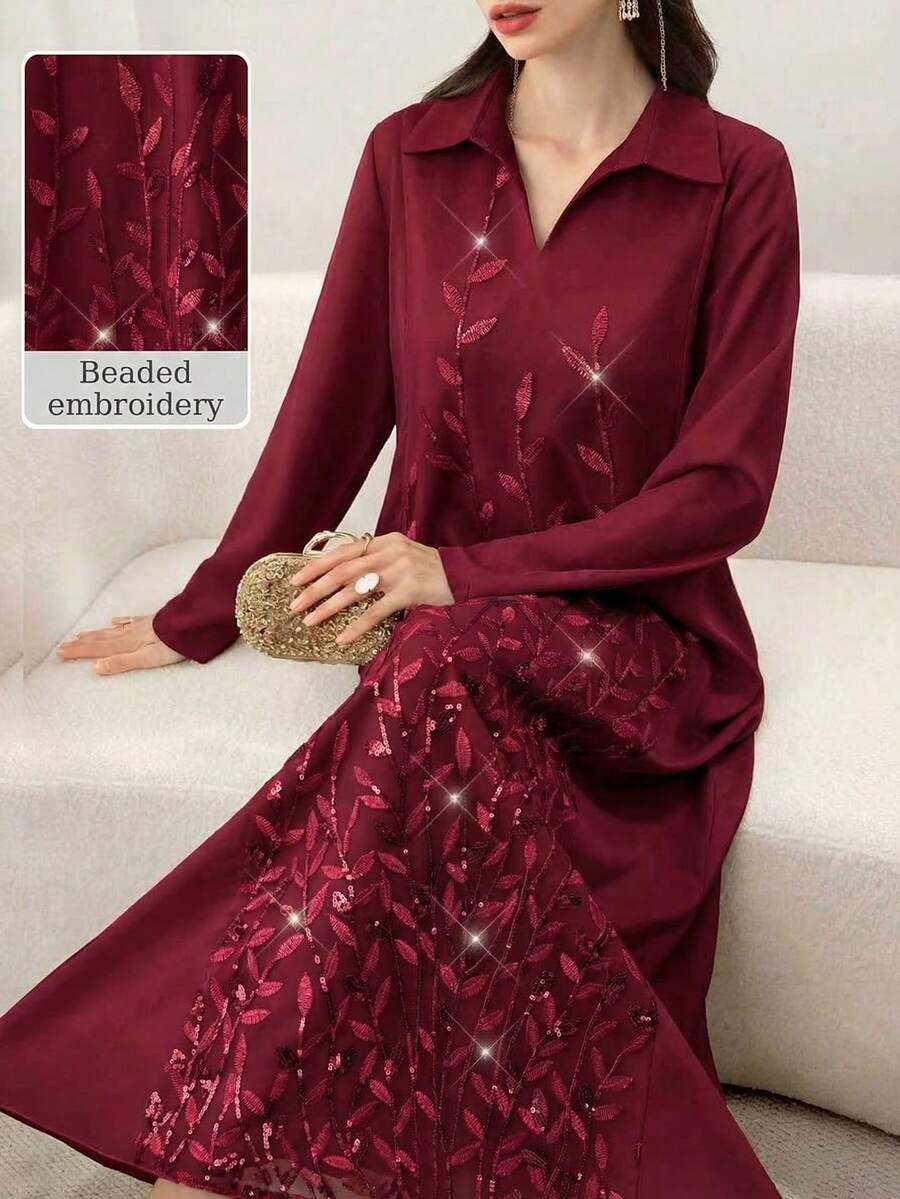 Yasmyna Damen Frühling/Sommer aprikotfarbenes, gewebtes Maxikleid mit langen Ärmeln, Einsätzen, Stickerei, Pailletten und Mesh, eleganter türkischer Stil & arabische traditionelle Abaya - Bordeaux - Übersicht 1