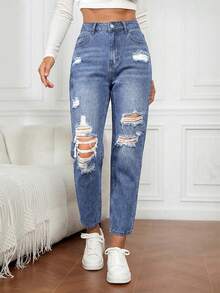 EMERY ROSE Jeans de mezclilla para uso diario, versátiles y casuales, con bolsillos y botones desgastados para mujeres - Azul - Ver 5