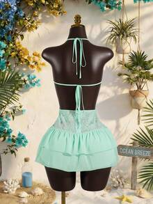 Lyxana Women's Sequins Ruffle Mesh Patchwork Backless Mini Dress - Mint Blue - View 2