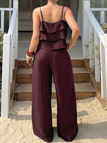 Dazy Plus Spring/Summer Vacation Style Cropped Camisole Top With Ruffle Hem And Casual Pants Set, Plus Size Lounge Sets For Women - Burgundy - View 3