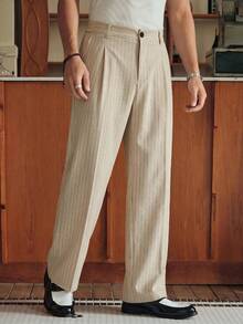 SWAVVY Men's Striped Pleated Wide Leg Loose Casual Suit Pants - Apricot - View 2