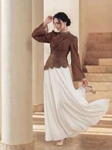 Anewsta Women's Solid Color Mandarin Collar Asymmetrical Rhinestone Embellished Flared Soft Elegant Dress - Coffee Brown - View 5