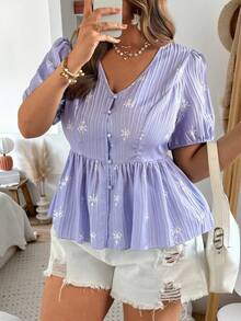 Ceyna Plus Size Women's Lavender Summer Elegant Blouse,Textured Printed V-Neck Short Sleeve Babydoll Tops,Tea Party Wedding Guest Casual Holiday Dress Tops - Mauve Purple - View 3