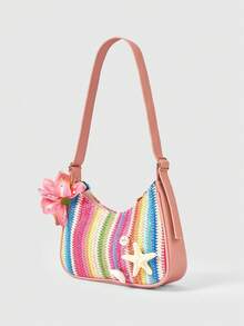 ROMWE Fairycore A Set Of Floral Crocheted Beach Handbags And Accessories, Stylish Personalized Beach Resort Style Shell Lace Lady Messenger Bag - Straw bag rainbow pink - View 2