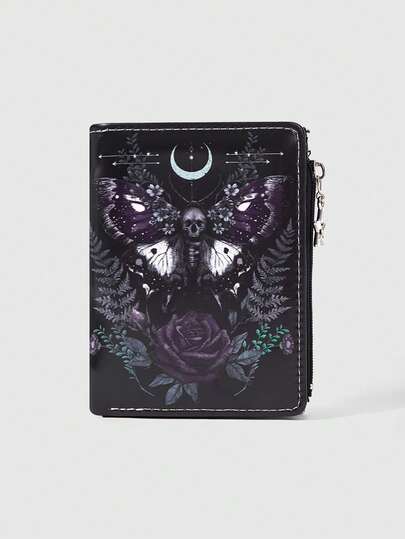 ROMWE Gothic Moth Skull Printed Wallet With Star Zipper, Faux Leather Double Fold Coin Wallet For Dark Academy Style Lovers