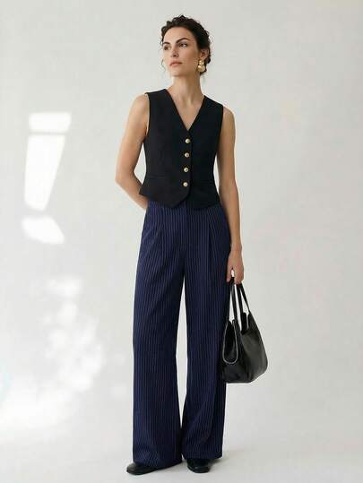 Uhlyne Pantalones largos de lino para mujeres para ir al trabajo, minimalistas y de corte ajustado, pantalones rectos de lino a rayas, para el otoño
