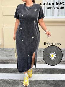 Muchica 大码女式雏菊刺绣圆领短袖侧开衩下摆休闲连衣裙 - 深灰色 - 查看 1