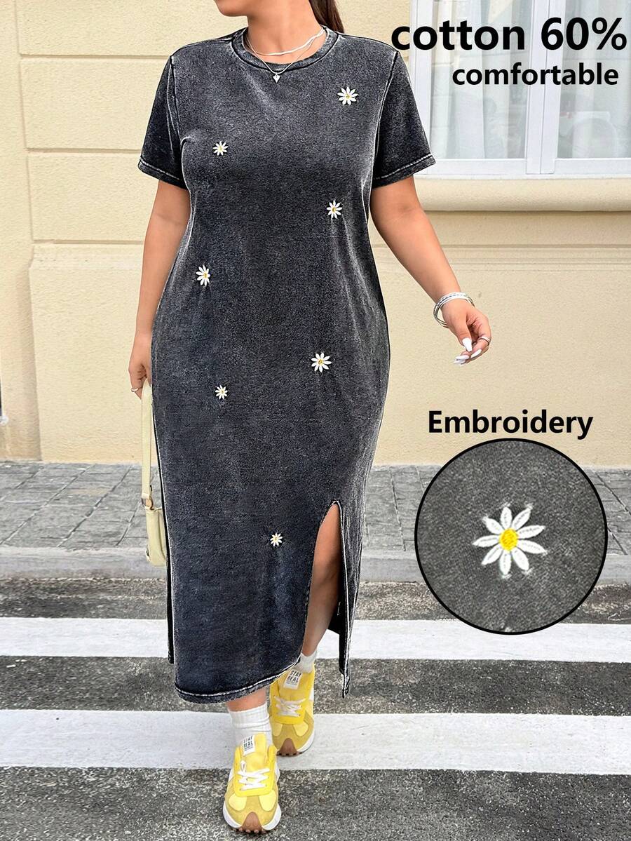Muchica 大码女式雏菊刺绣圆领短袖侧开衩下摆休闲连衣裙 - 深灰色 - 查看 1