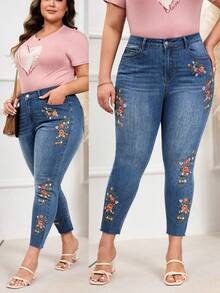 EMERY ROSE Plus Size Women's Autumn Embroidered Vintage Washed Denim Jeans Brown - Medium Wash - View 8