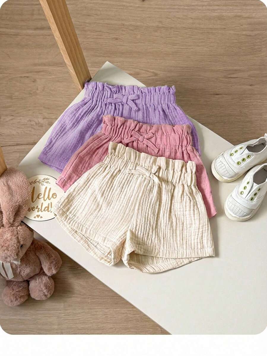 3pcs/Set Babygirl Casual Solid Color Elastic Waist Shorts, Summer Versatile - Multicolor - View 1