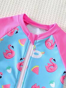 Cozy Pixies Baby Girl Cute Print Contrast Color Raglan Sleeve Zipper Front One-Piece Swimsuit, Suitable For Holiday, Beach, Swimming Pool - Multicolor - View 5