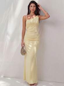 Glamine Đầm maxi satin màu vàng kem mới, cổ lệch, co giãn hai bên, đính sequin và tua rua, thích hợp cho nữ dự tiệc hoặc hẹn hò. - Màu vàng - Xem 1