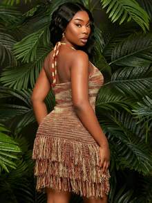 SHEIN SXY Brown Summer Boho Holiday Night Women's Multi-Colored High-Elastic Knit Halter Neck Backless Fitted Dress With Tassels,Short Bohemian Beach Outfits - Multicolor - View 5