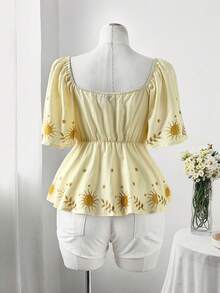 Sweetra Áo sơ mi tay bồng in họa tiết kiểu dáng nghỉ mát cỡ lớn - Nhiều màu - Xem 2