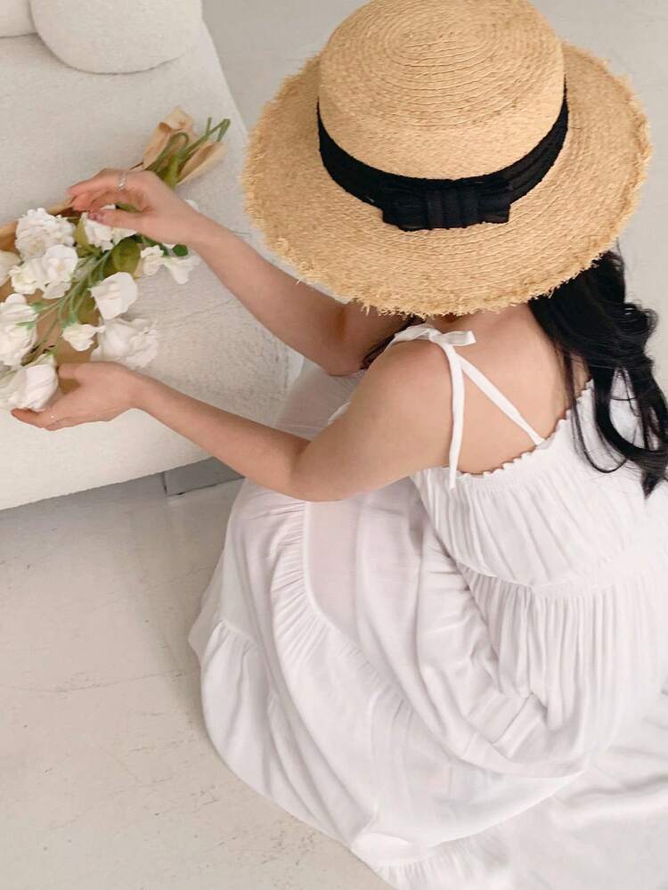 Women's Solid Color Pleated Shoulder Knot Casual Minimalist Party & Outing Mid-Length Slip Dress