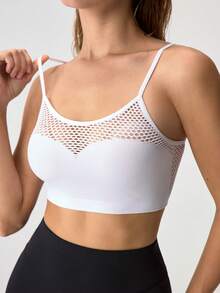 EMUPER 女士白色网纱拼接可调节肩带性感露脐文胸上衣 - 白色 - 查看 5