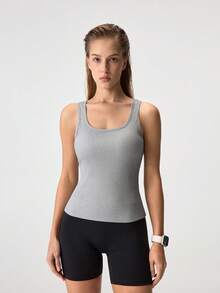 Women's Summer Solid Square Neck Ribbed Casual Versatile White Tank Top - Grey - View 3