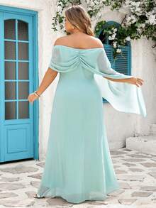 SHEIN CURVE+ 大码女装新款单肩船领连衣裙，单肩飘带设计，修身剪裁，生日礼服，派对礼服，百搭款式，绿色垂坠感超长鱼尾落地连衣裙 - 薄荷綠 - 查看 3