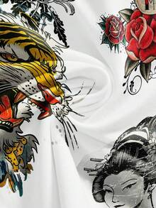 ROMWE Avant 性感朋克虎中国风音乐节书法虎竹标语玫瑰菊花女式背心 - 白色 - 查看 4