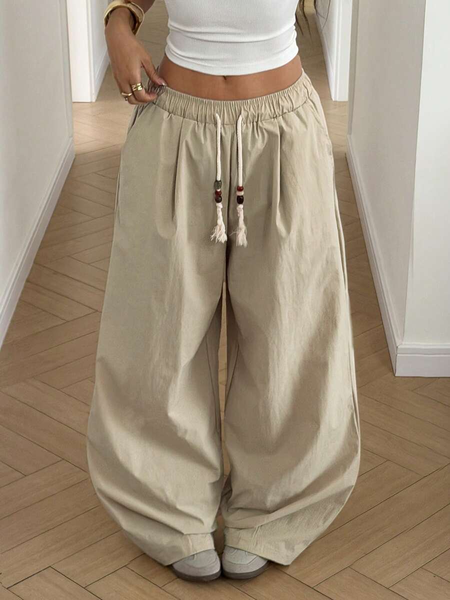 StreetHx 女士休闲宽松串珠抽绳运动裤，街头风，春夏款 - 杏色 - 查看 1