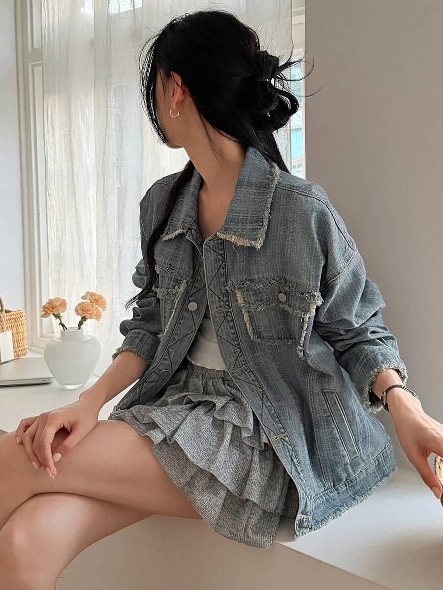 DAZY 女士水洗韩式拼接休闲牛仔衬衫 - 藍色 - 查看 1