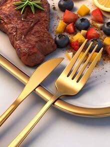 24件套不锈钢酒店西式餐具套装，含刀、叉、勺和茶匙，厨房用品，圣诞礼物 - 金色 - 查看 6