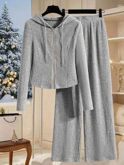 Franclia 2件套女式纯色连帽拉链夹克和裤子套装