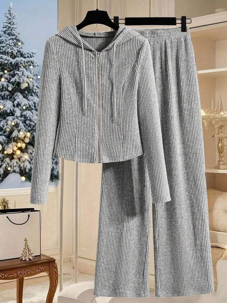 Franclia 2pcs Women Solid Color Hooded Zip-Up Jacket And Pants Set - Light Grey - View 1