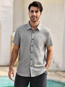Mercer Haus Men's Linen Striped Short-Sleeved Shirt For Daily Commute In Summer , Suitable For Summer Tropical Holiday Vacation In Hawaii. - Grey - View 5