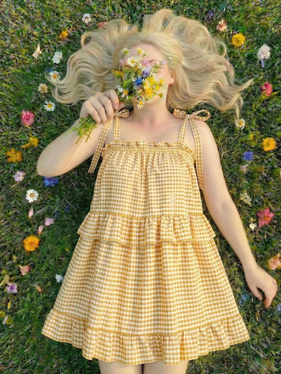 SHEIN MOD Plus Size Yellow & White Plaid Bow Tie Blouse, Suitable For Summer Picnic, Outing And Party  Spring Tiered Top  Marigold Yellow Top Ruffle Gingham TopYellow Gingham Top