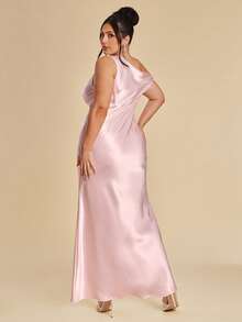 SHEIN BAE Plus Size Women's Elegant Dusty Pink Satin Maxi Dress,Summer One Shoulder Silk Look Chic Wedding Ninang Cocktail Party Outfits Curve Special Events - Pink - View 2