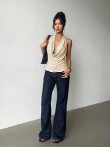 Aloruh Sexy Draped Collar Studded Backless Halter Top,Summer Top - Beige - View 7