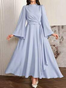 Modelyn Women Elegant Solid Color Bell Sleeve Arabic Dress, Autumn Long Evening Dresses - Blue - View 3